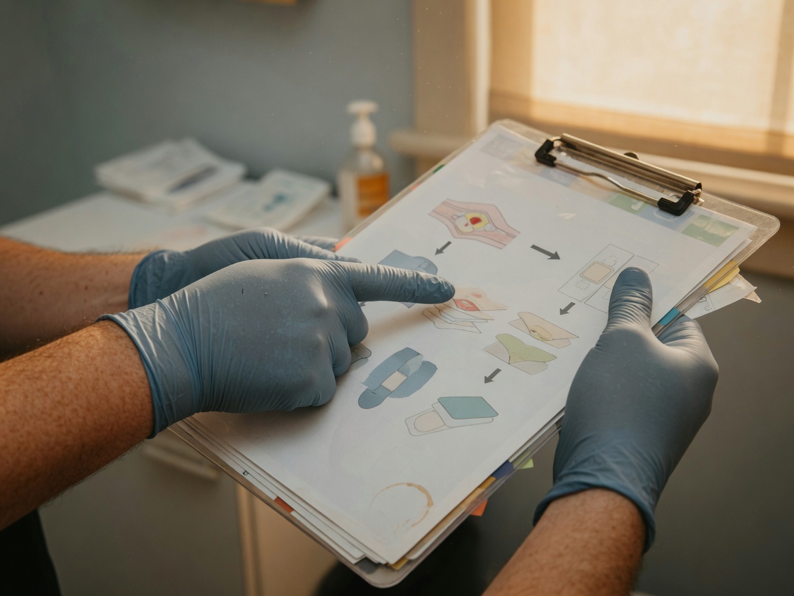 A clinician's hands pointing to a wound care educational chart on a clipboard, calm consultation setting, no faces visible.
